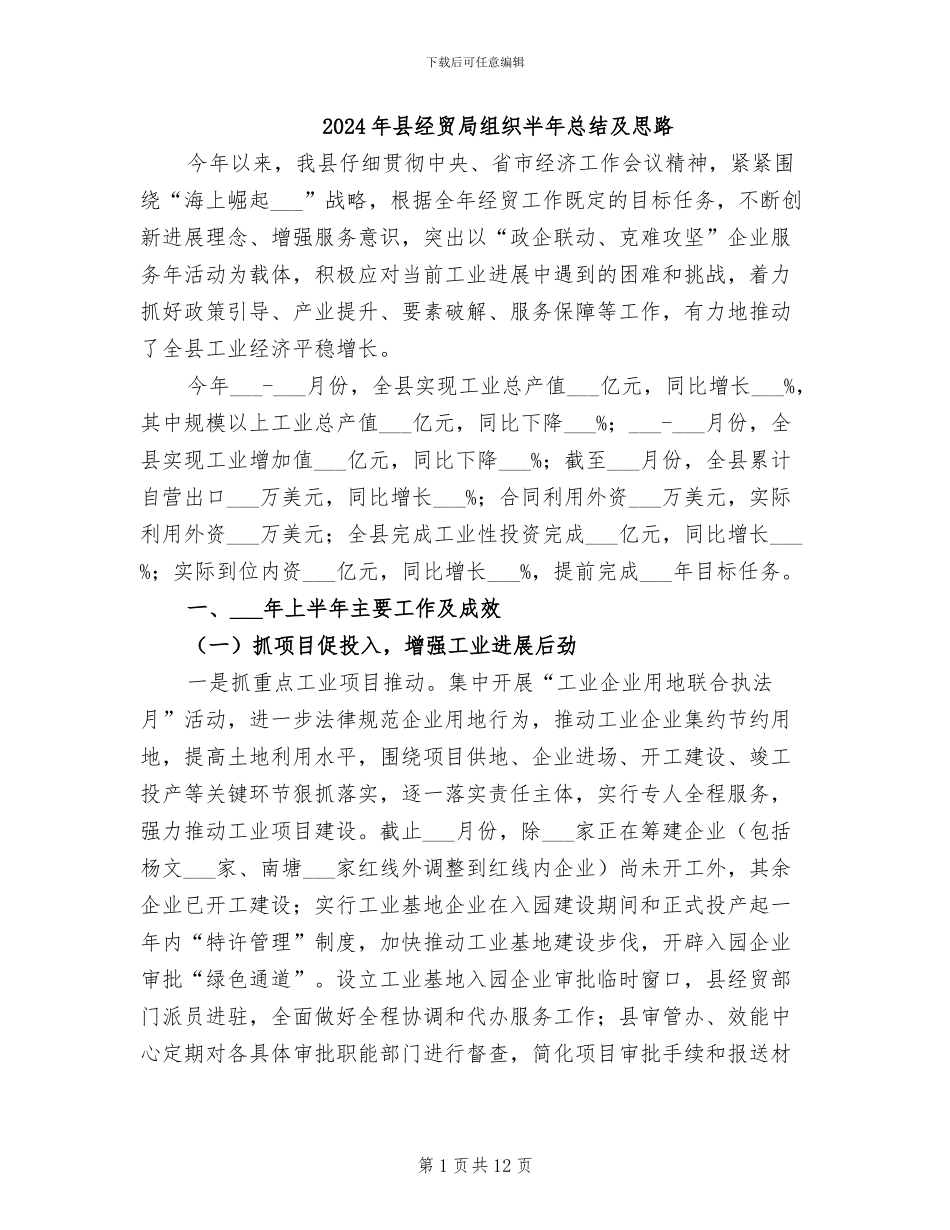 2024年县经贸局组织半年总结及思路_第1页