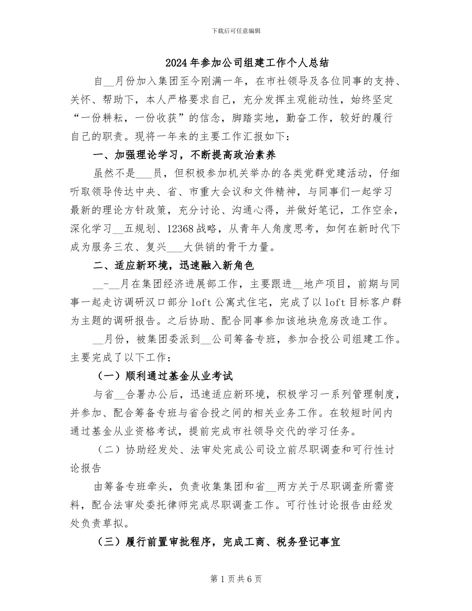 2024年参与公司组建工作个人总结_第1页