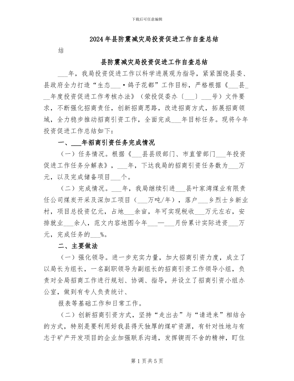 2024年县防震减灾局投资促进工作自查总结_第1页