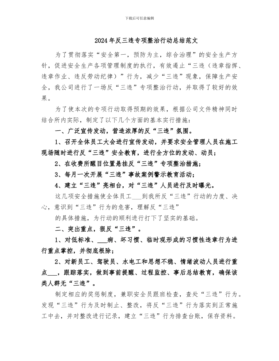 2024年反三违专项整治行动总结范文_第1页