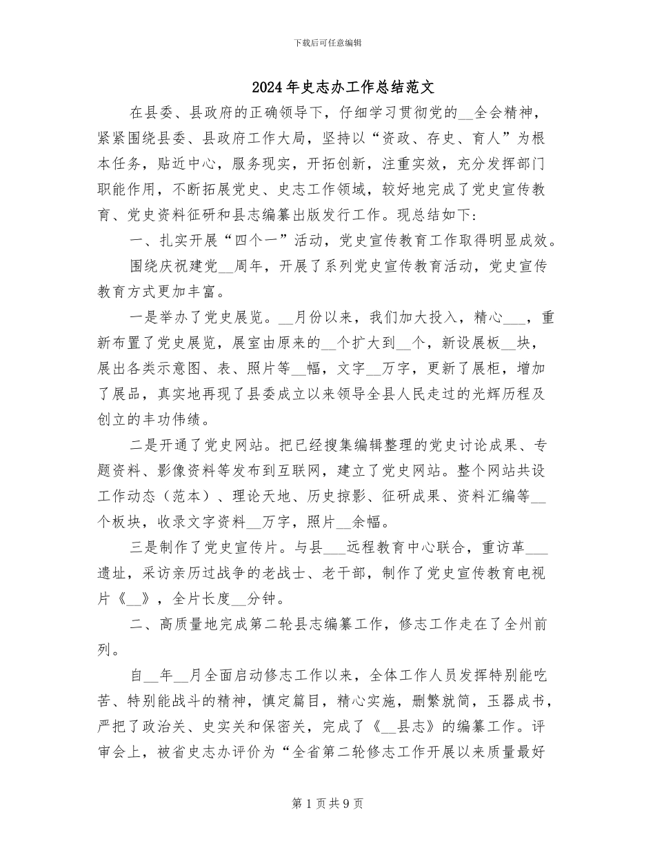 2024年史志办工作总结范文_第1页