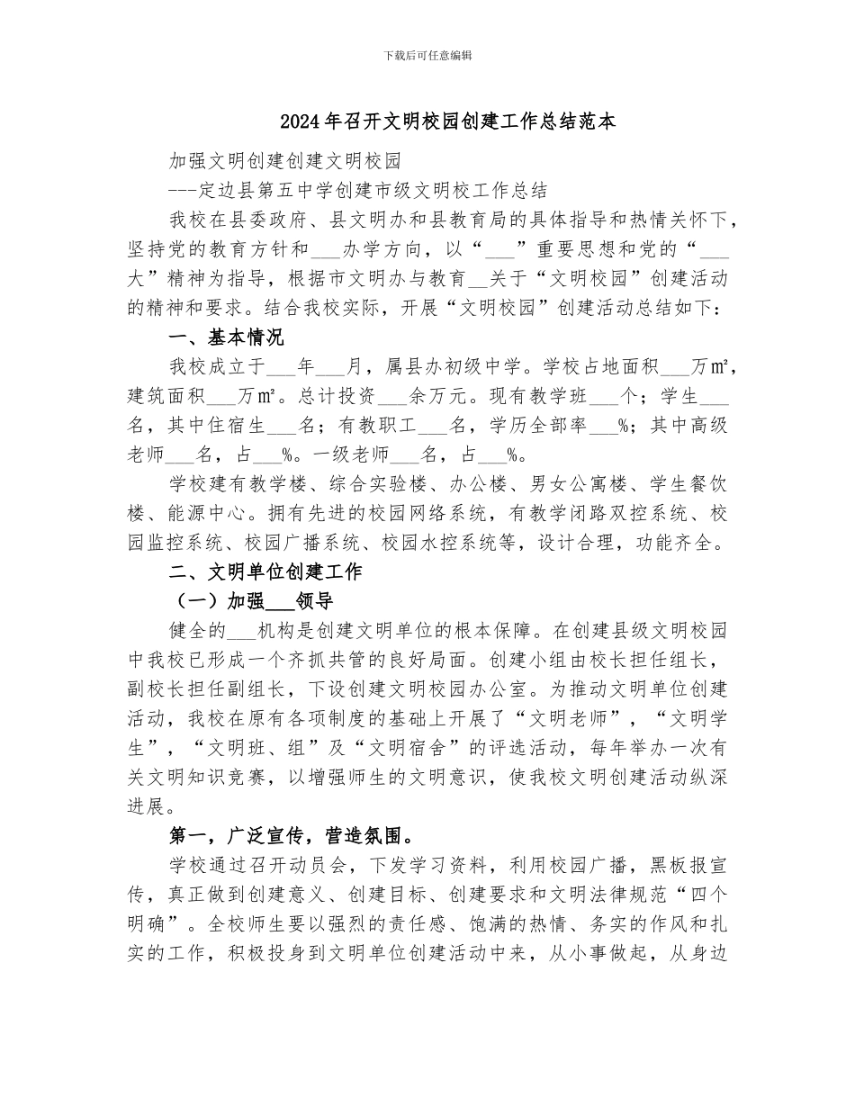 2024年召开文明校园创建工作总结范本_第1页