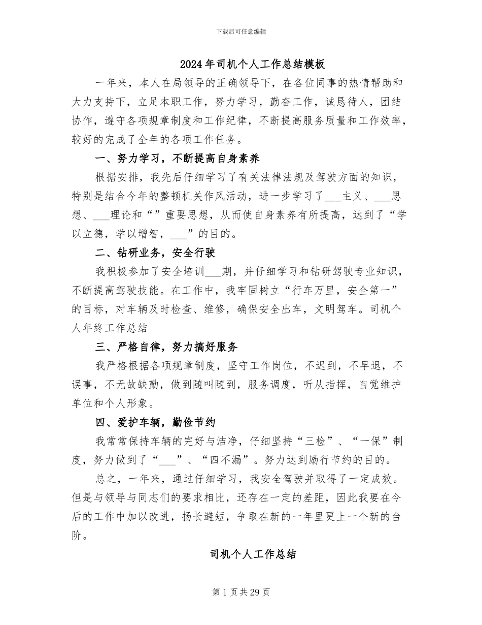 2024年司机个人工作总结模板_第1页