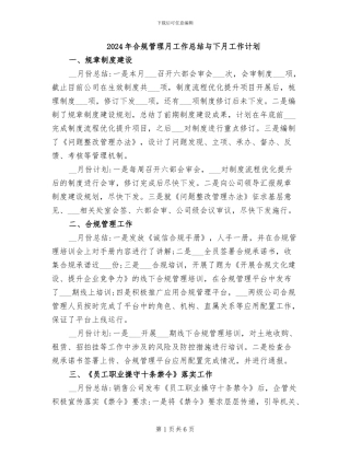 2024年合规管理月工作总结与下月工作计划