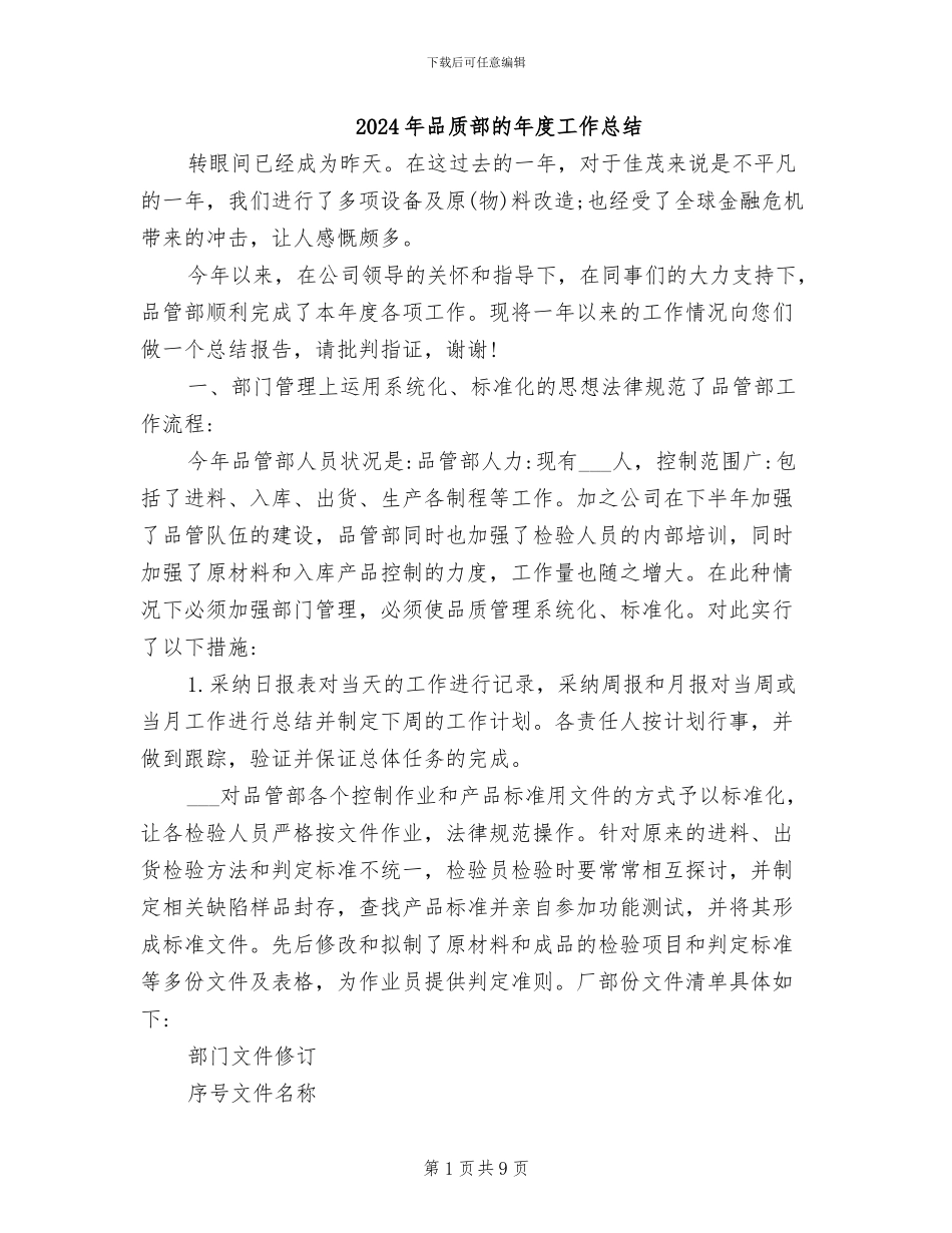 2024年品质部的年度工作总结_第1页