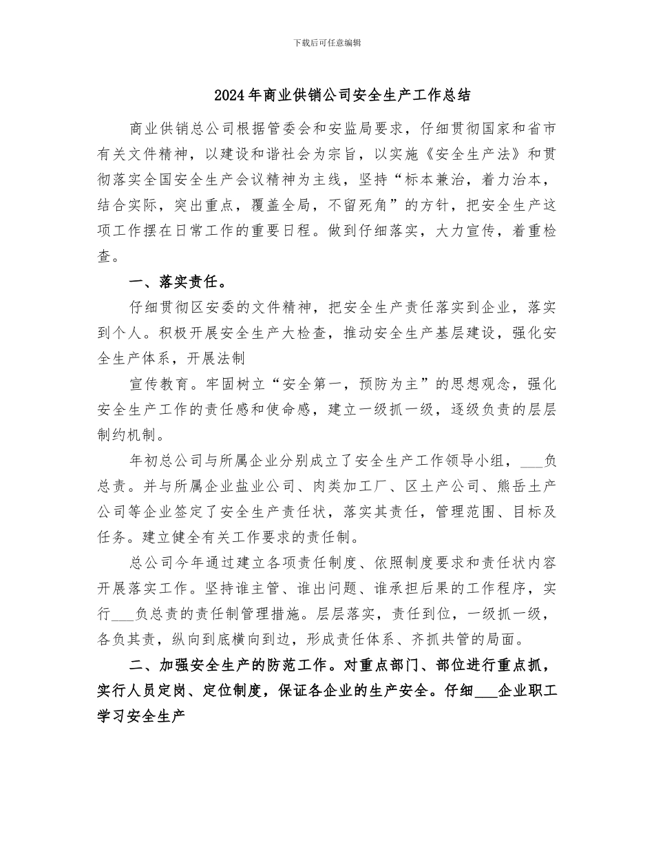 2024年商业供销公司安全生产工作总结_第1页