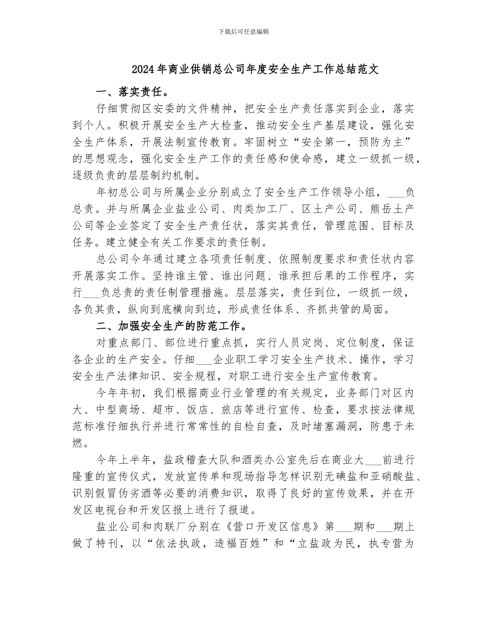 2024年商业供销总公司年度安全生产工作总结范文_第1页