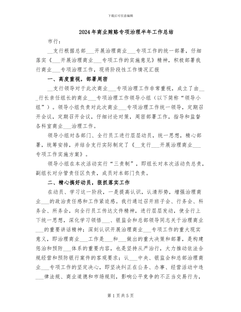 2024年商业贿赂专项治理半年工作总结_第1页