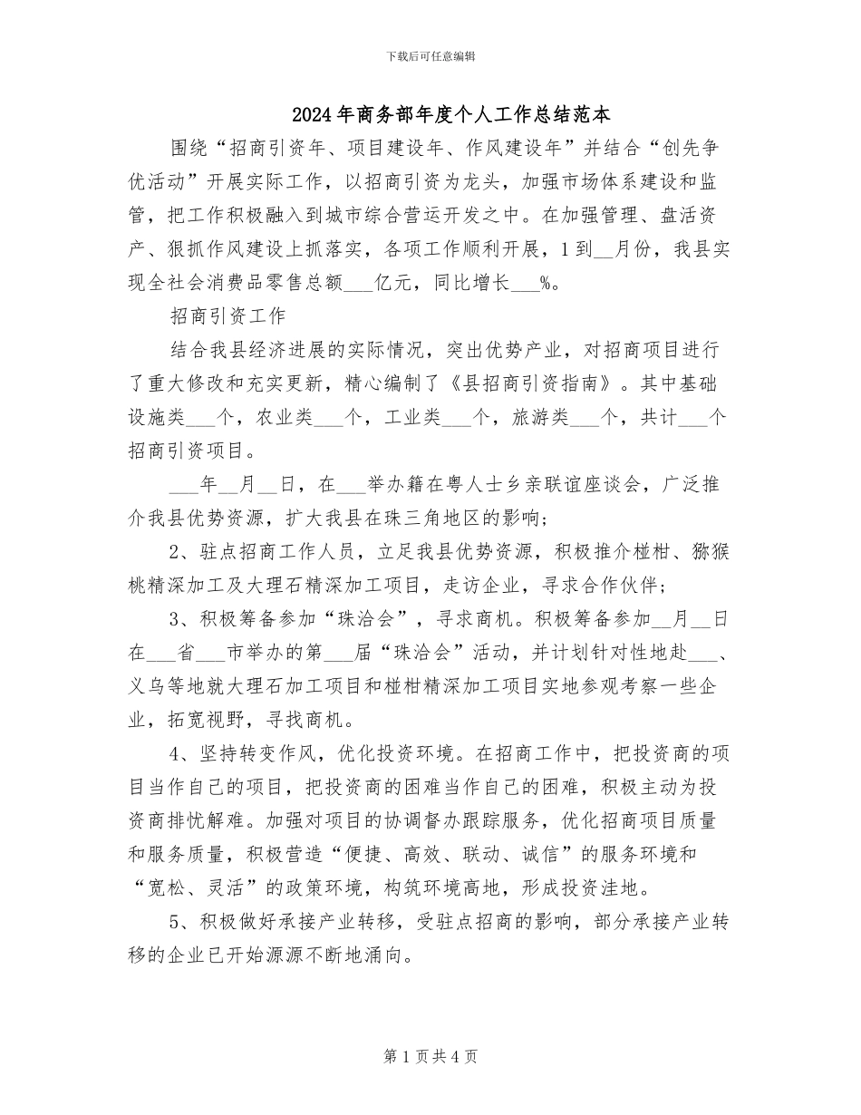 2024年商务部年度个人工作总结范本_第1页