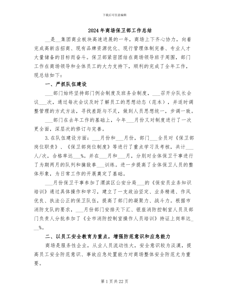 2024年商场保卫部工作总结_第1页