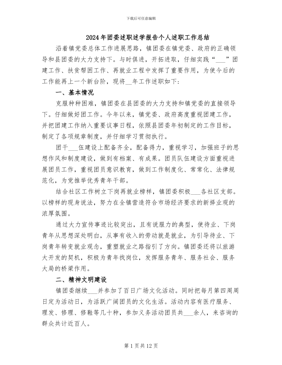 2024年团委述职述学报告个人述职工作总结_第1页