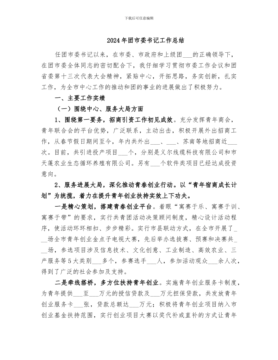 2024年团市委书记工作总结_第1页