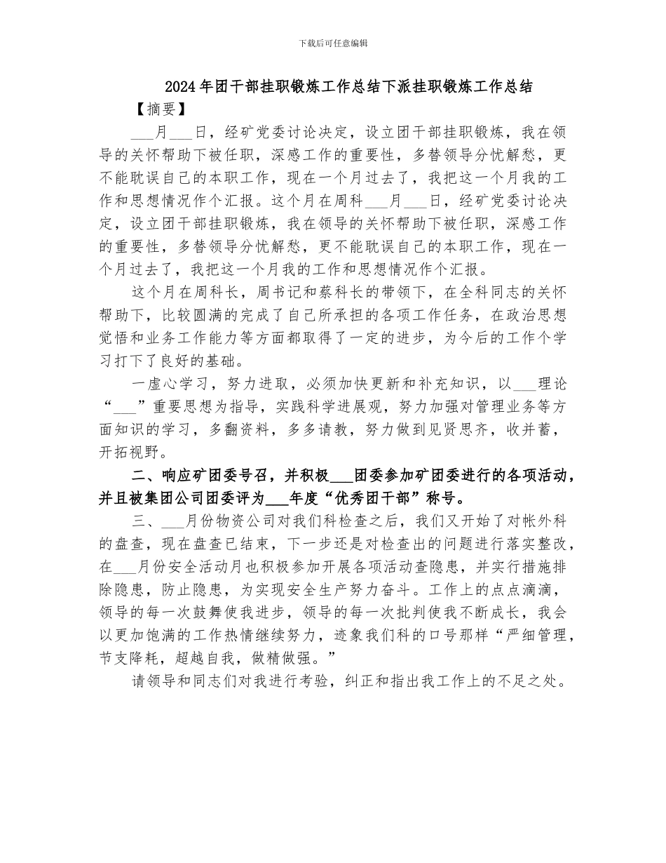 2024年团干部挂职锻炼工作总结下派挂职锻炼工作总结_第1页