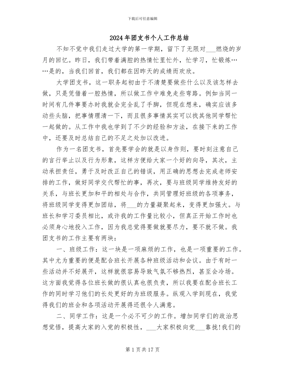 2024年团支书个人工作总结_第1页