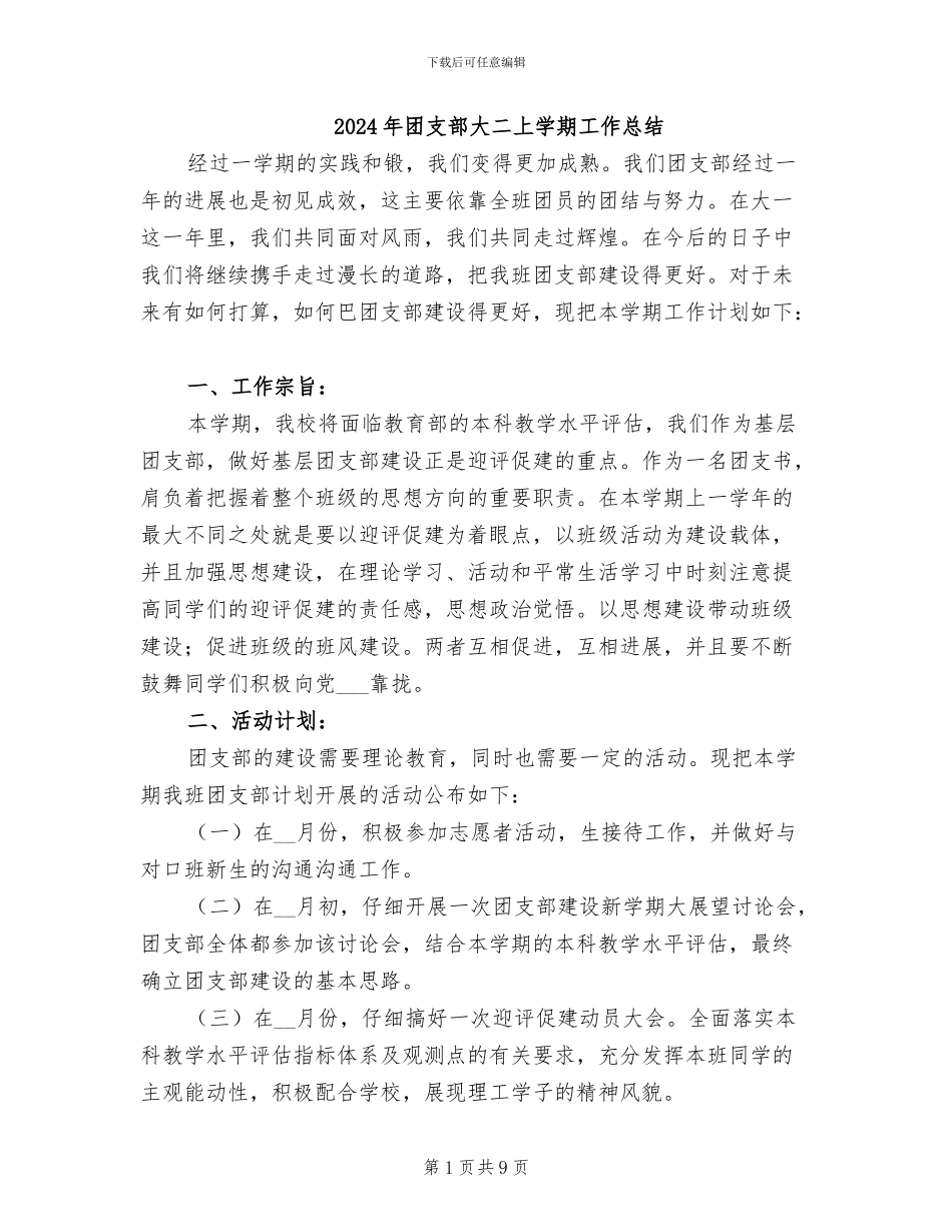 2024年团支部大二上学期工作总结_第1页
