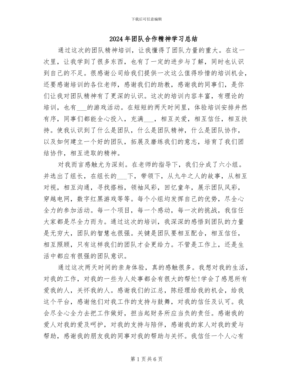 2024年团队合作精神学习总结_第1页