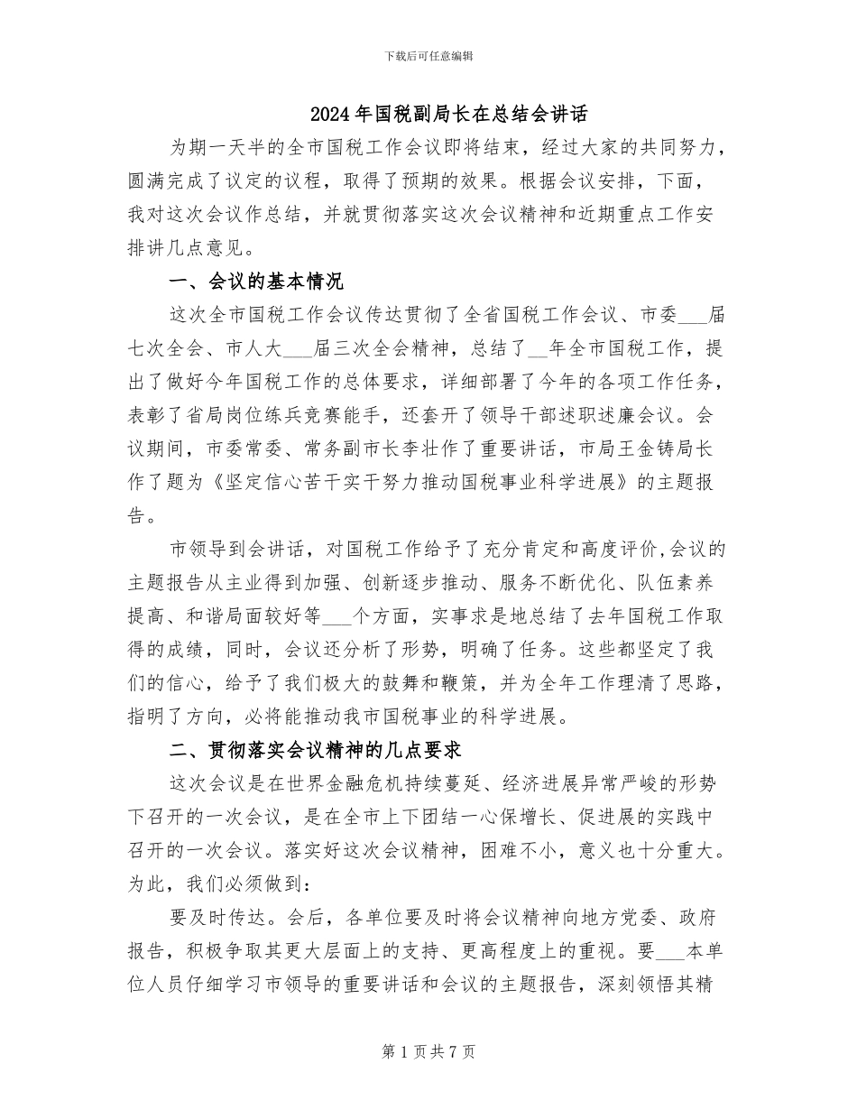 2024年国税副局长在总结会讲话_第1页