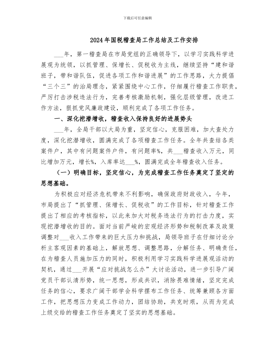 2024年国税稽查局工作总结及工作安排_第1页