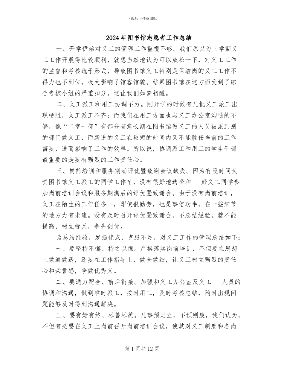 2024年图书馆志愿者工作总结_第1页