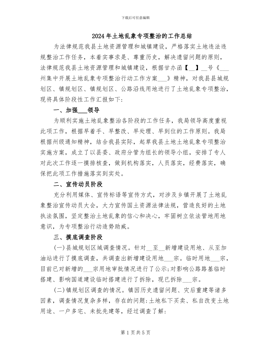 2024年土地乱象专项整治的工作总结_第1页