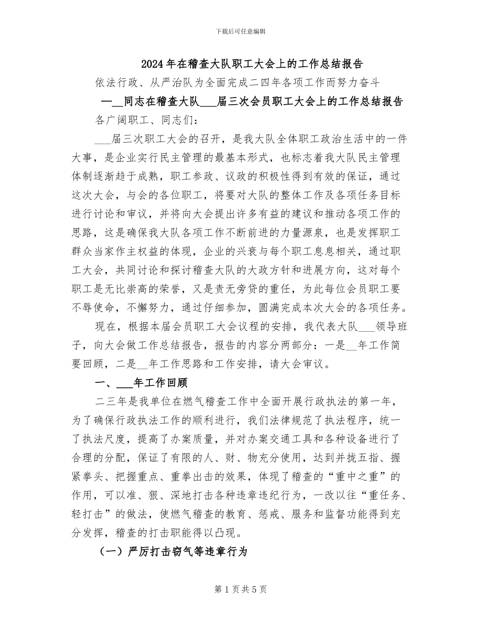 2024年在稽查大队职工大会上的工作总结报告_第1页