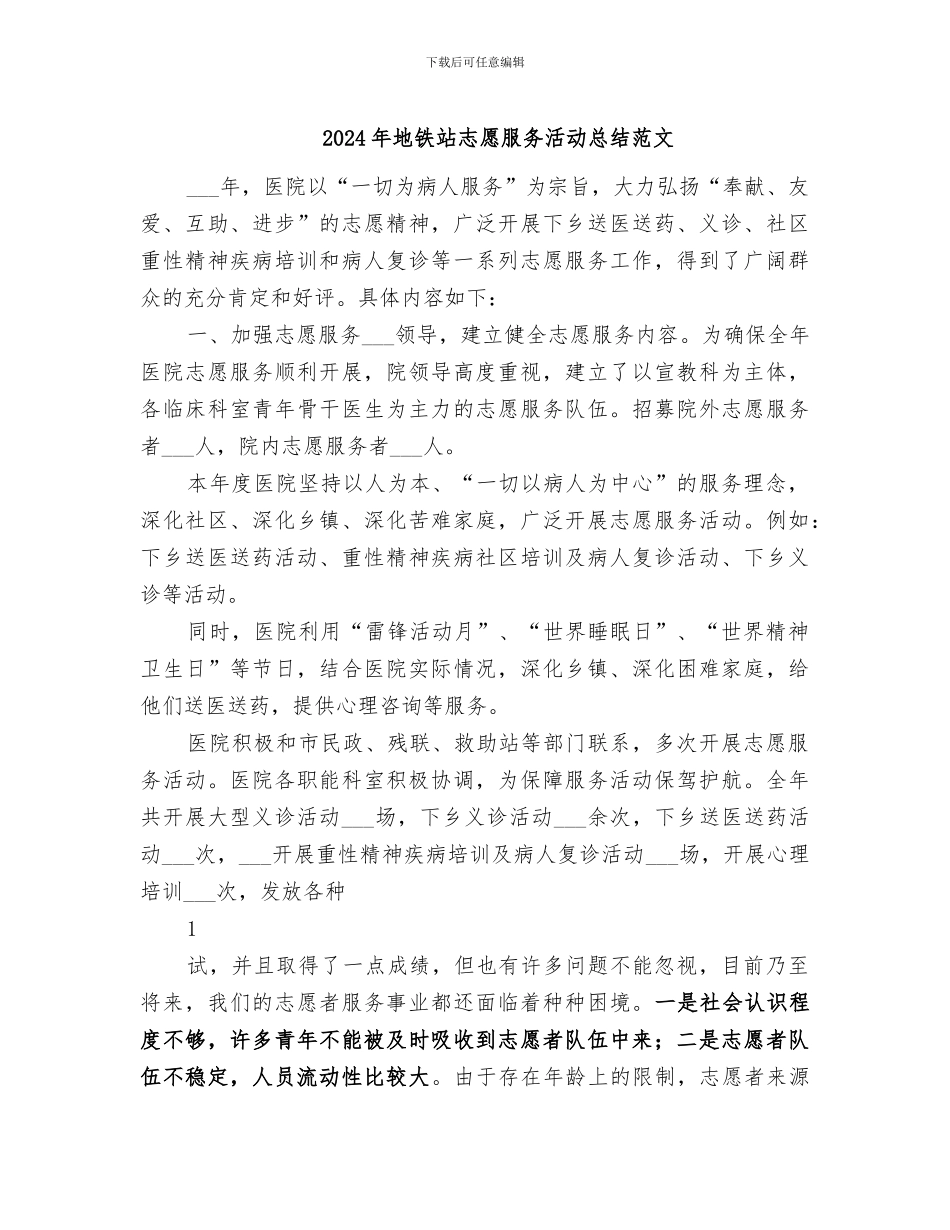 2024年地铁站志愿服务活动总结范文_第1页