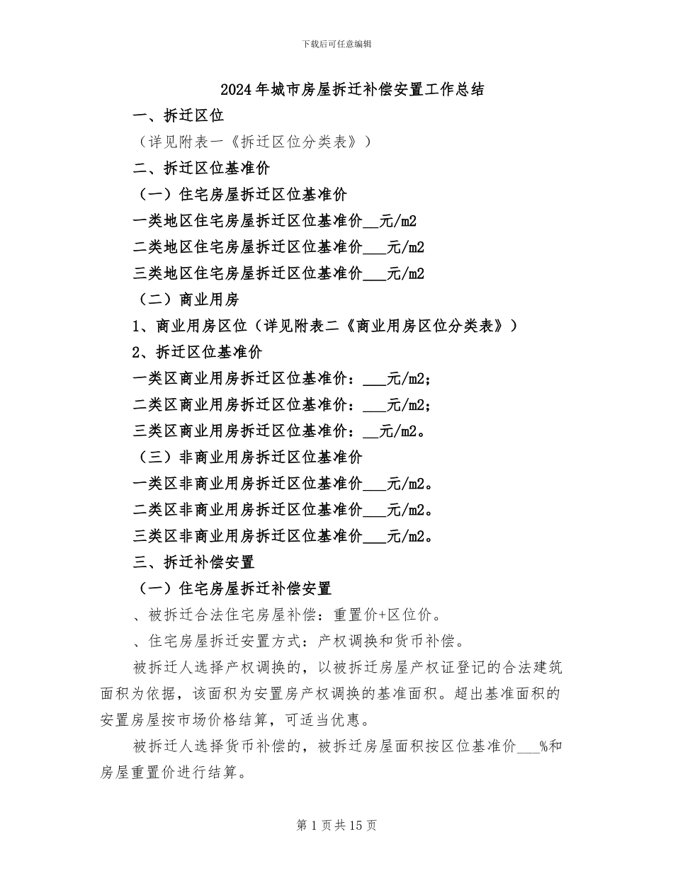 2024年城市房屋拆迁补偿安置工作总结_第1页
