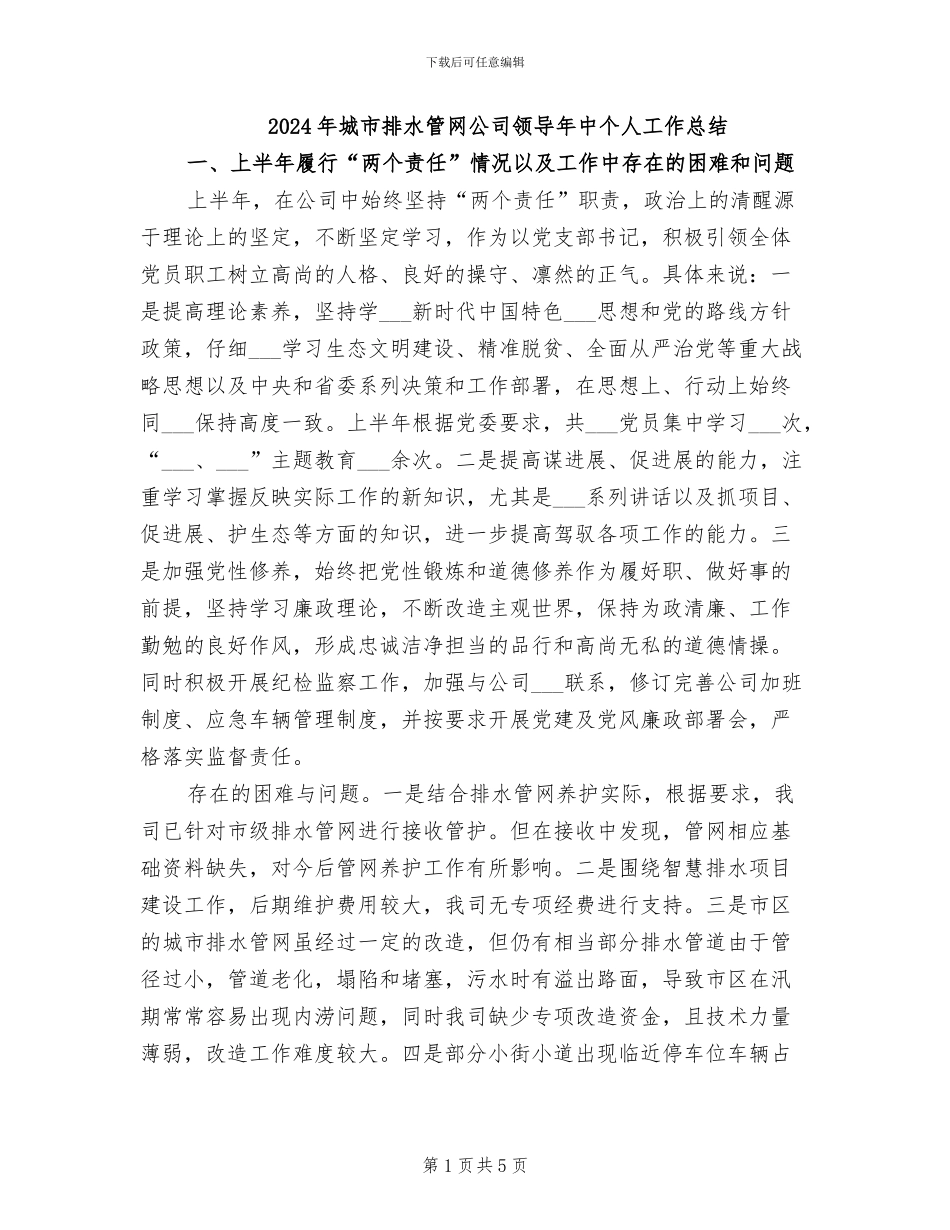 2024年城市排水管网公司领导年中个人工作总结_第1页