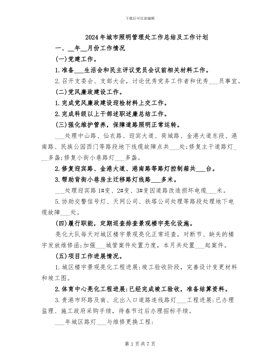 2024年城市照明管理处工作总结及工作计划_第1页