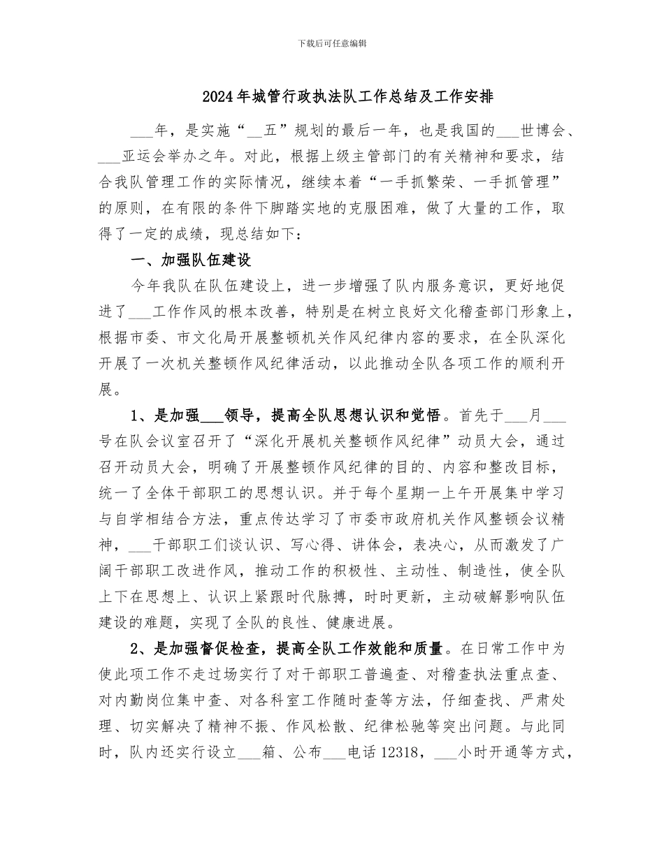 2024年城管行政执法队工作总结及工作安排_第1页