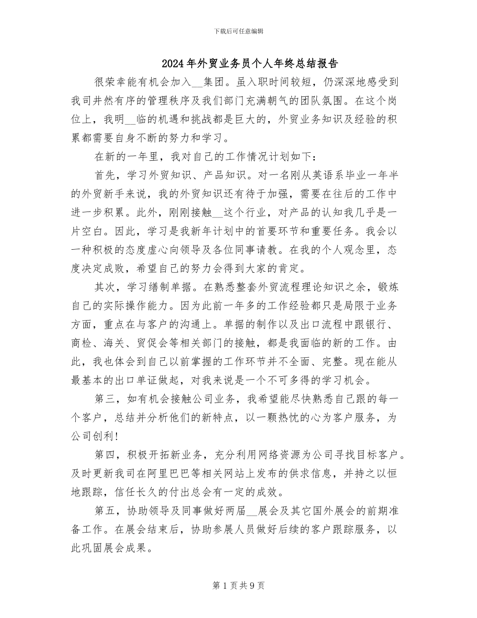 2024年外贸业务员个人年终总结报告_第1页