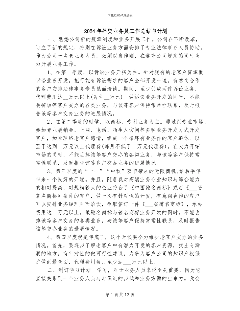 2024年外贸业务员工作总结与计划_第1页