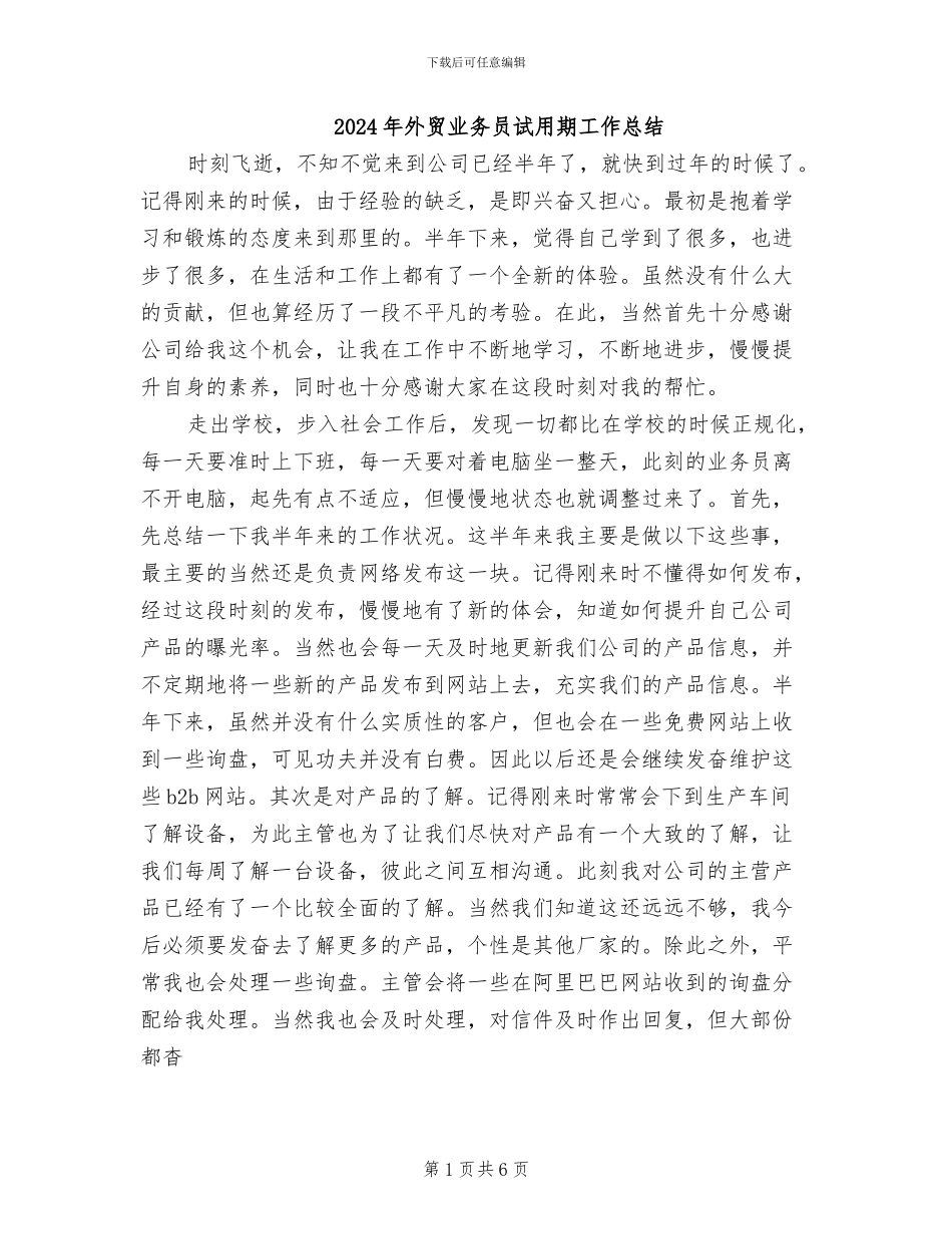 2024年外贸业务员试用期工作总结_第1页