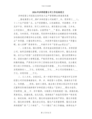 2024年多种经营公司工作总结范文