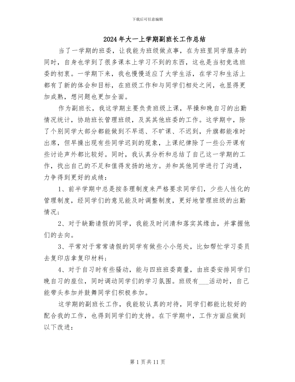 2024年大一上学期副班长工作总结_第1页