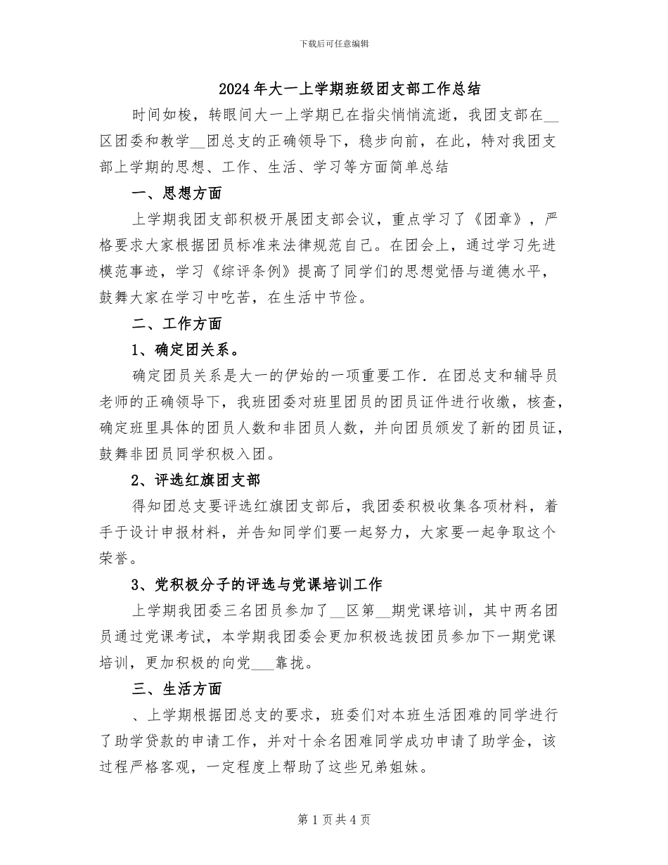 2024年大一上学期班级团支部工作总结_第1页