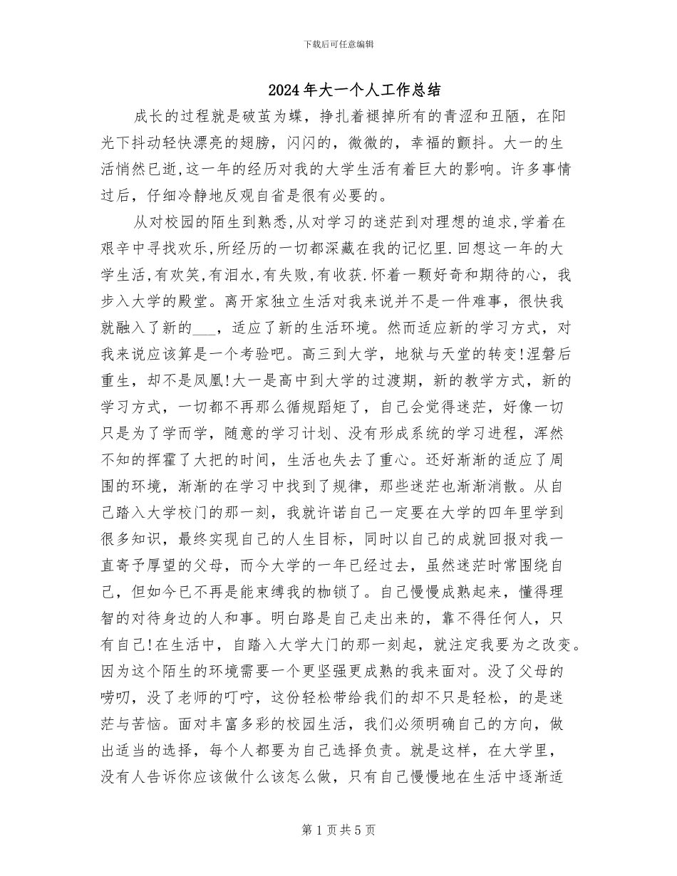 2024年大一个人工作总结_第1页