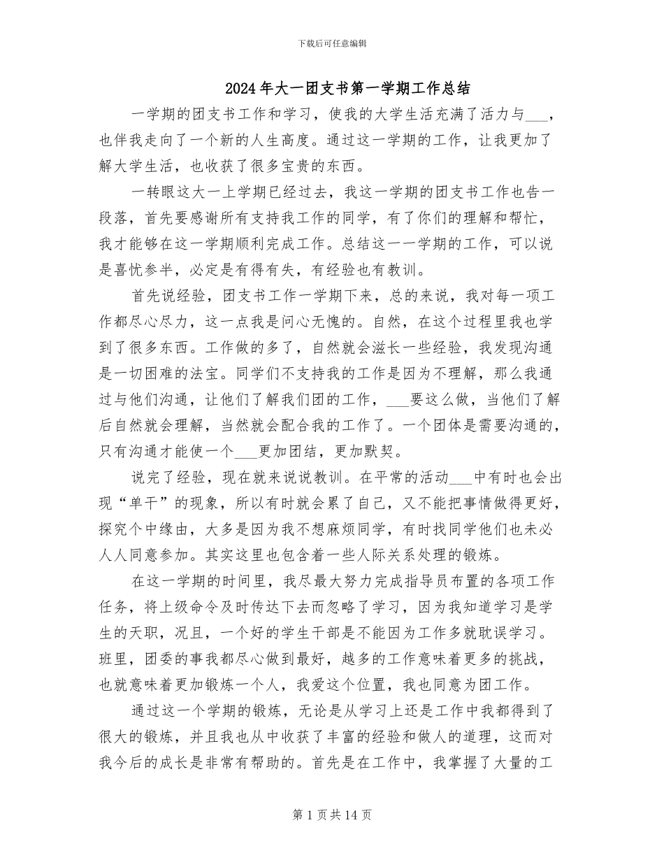 2024年大一团支书第一学期工作总结_第1页