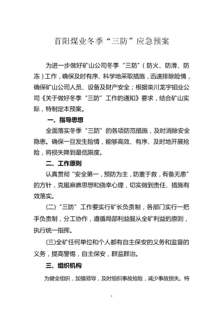 煤矿冬季三防应急预案