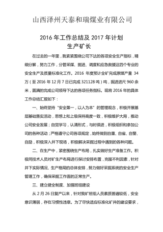煤矿生产矿长2016年总结