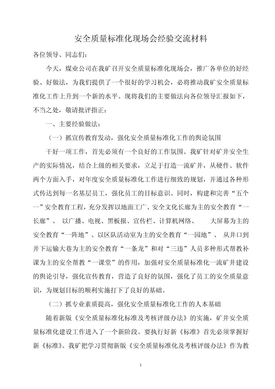 煤矿质量标准化现场会经验交流材料_第1页