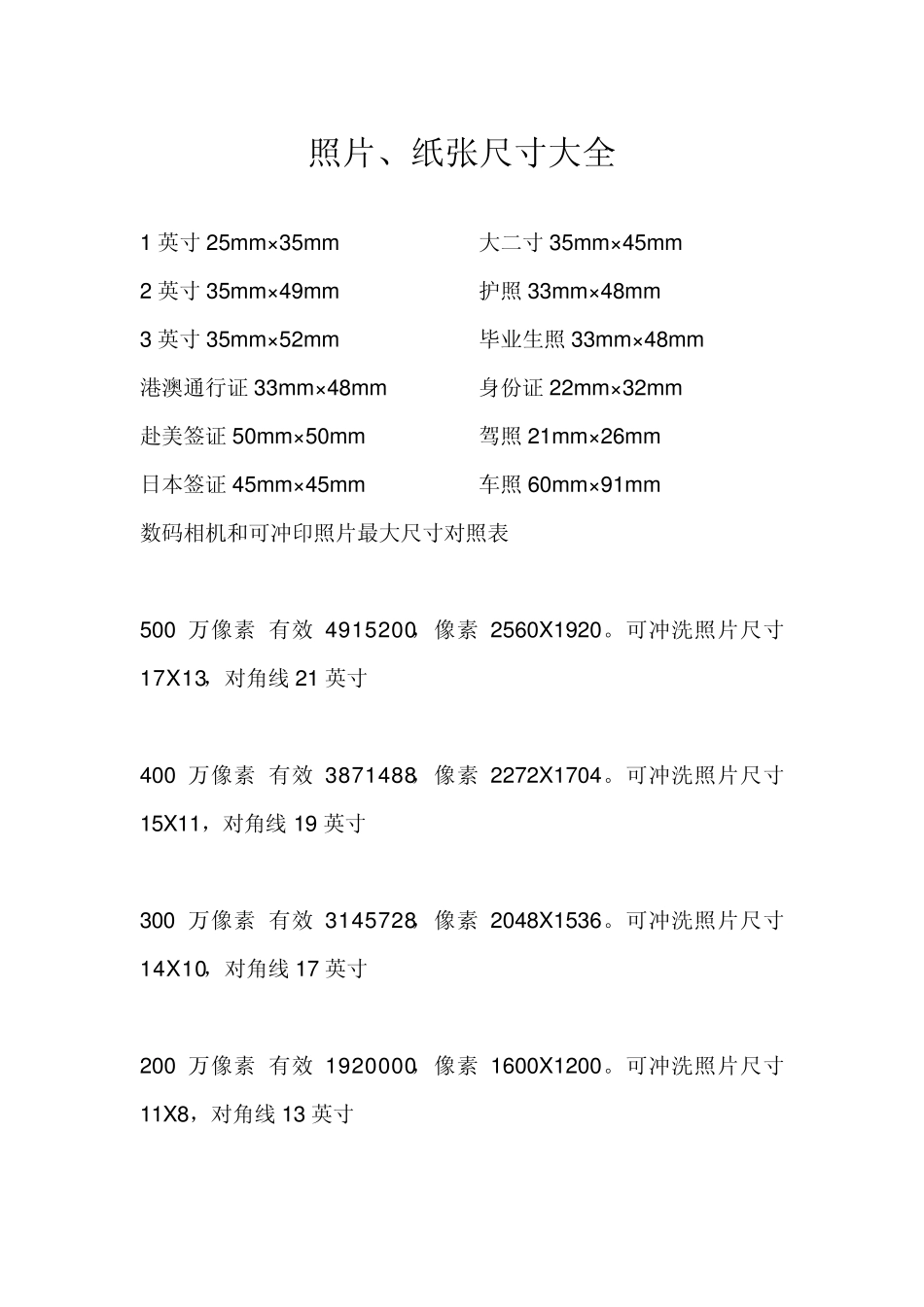 照片、纸张尺寸大全_第1页