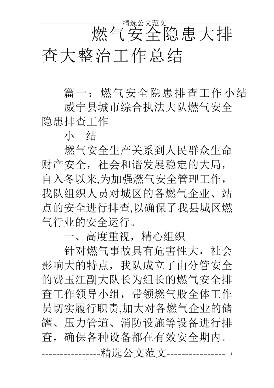 燃气安全隐患大排查大整治工作总结_第1页