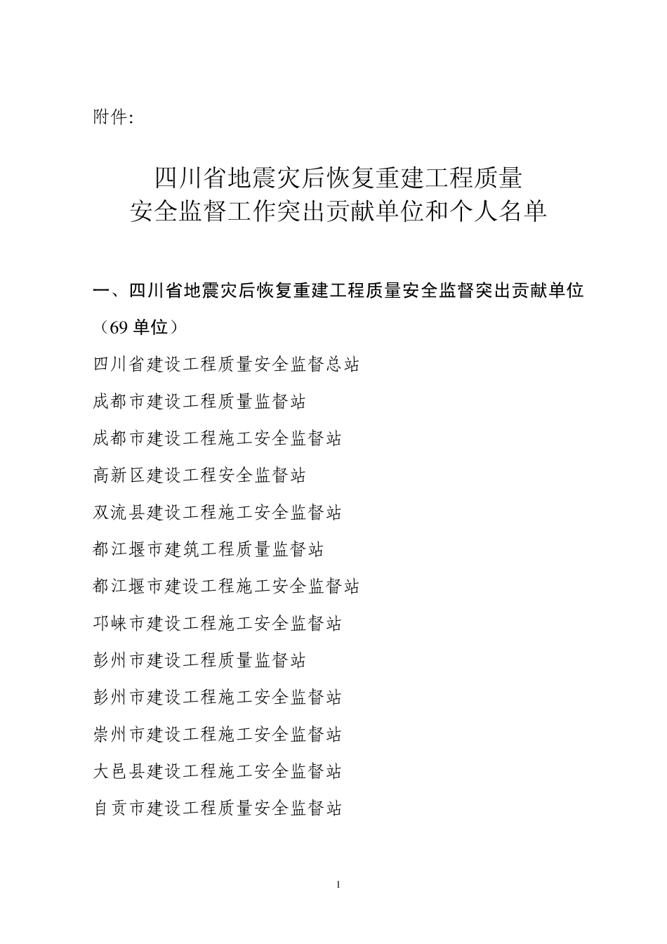 爱问地震灾后恢复重建工程质量安全监督工作中做出突出贡献的单位和个人_第1页