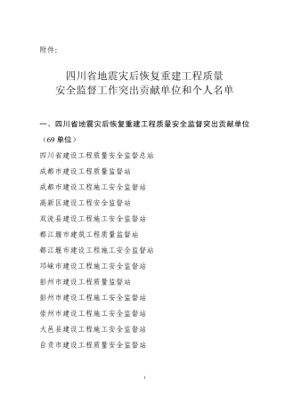 爱问地震灾后恢复重建工程质量安全监督工作中做出突出贡献的单位和个人