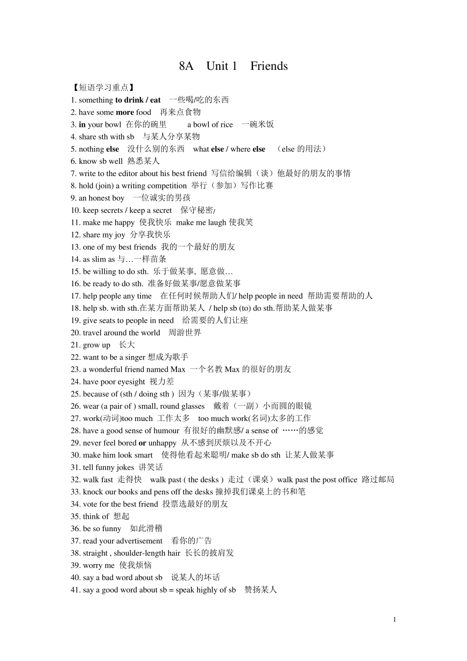 牛津8A_Unit1知识点归纳、难点解析、语法复习_第1页