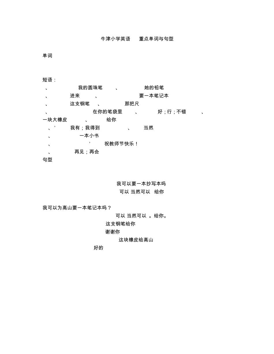 牛津小学英语4A重点单词与句型_第1页