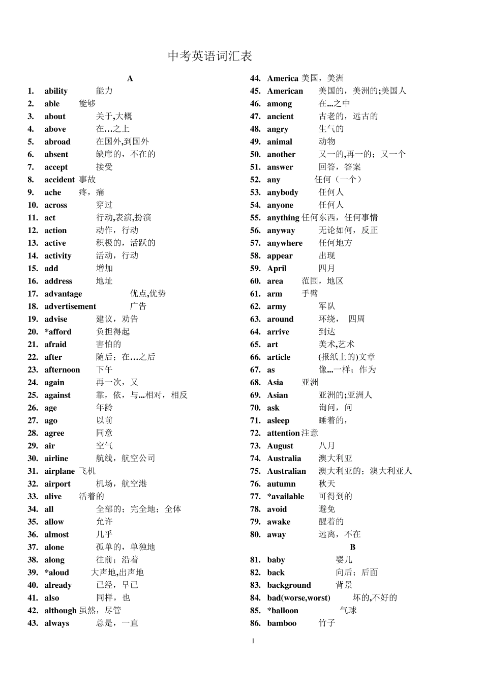 牛津版中考英语词汇表按字母顺序_第1页