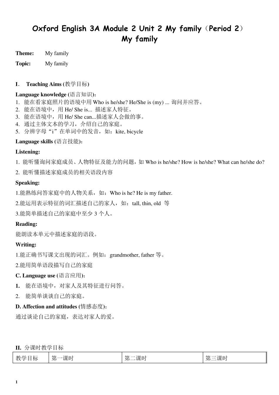 牛津英语三年级第一学期M2U2MyFamily教案_第1页