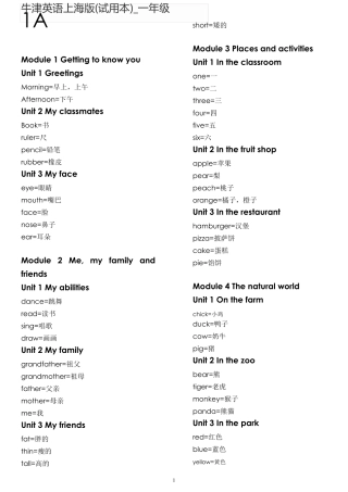 牛津英语上海版(试用本)_一至五年级单词总汇按照每册单元整理
